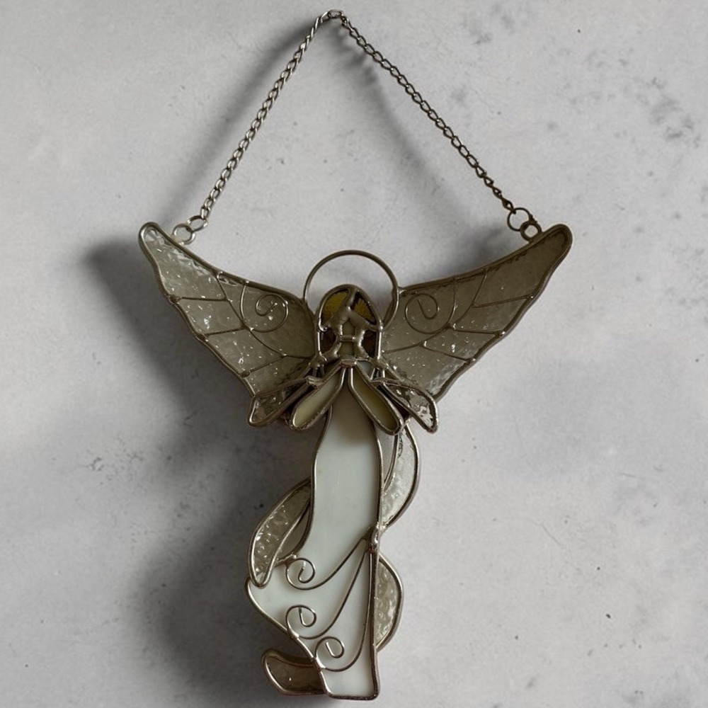 Vintage Metal Sun Catcher Angel, White Yellow Purple Stained Art Glass
